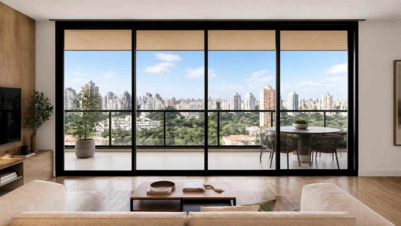 Sala com janela, vista de dentro de dia, com Fumê VLT 20%.